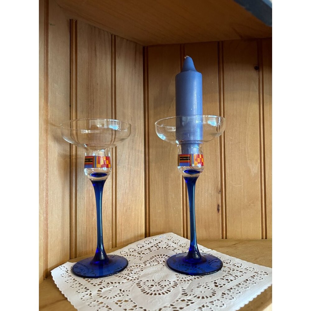 Vintage Luminarc France Blue Colbalt Kente Ghana African Pair of Candleholders